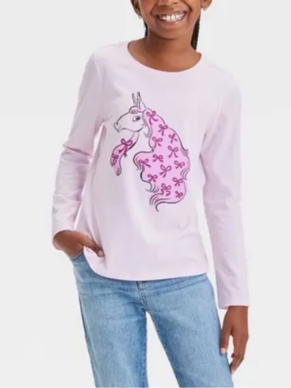 Cat & Jack Girls Unicorn ribbons Pink Long Sleeve Shirt Size XL (14) New